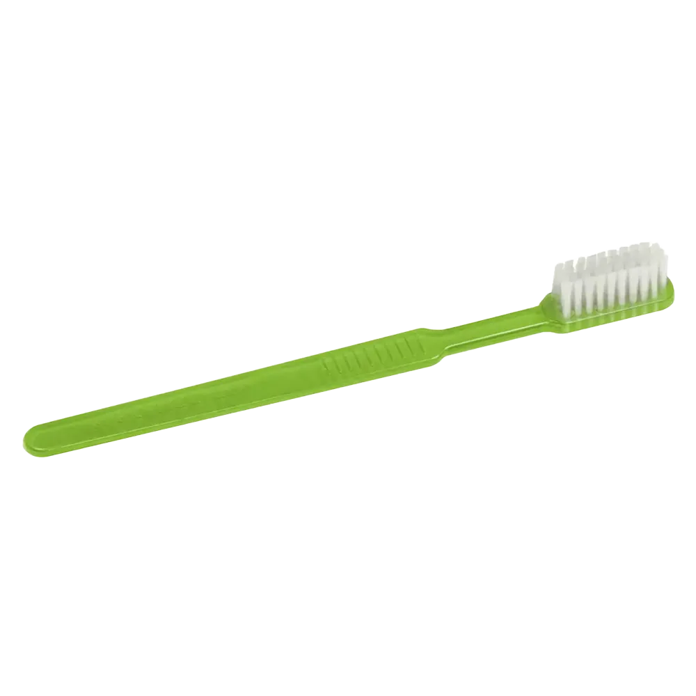 Une brosse à dents jetable verte AMPri MED-COMFORT Dental PS avec un manche droit et des poils blancs, positionnée horizontalement sur un fond blanc.