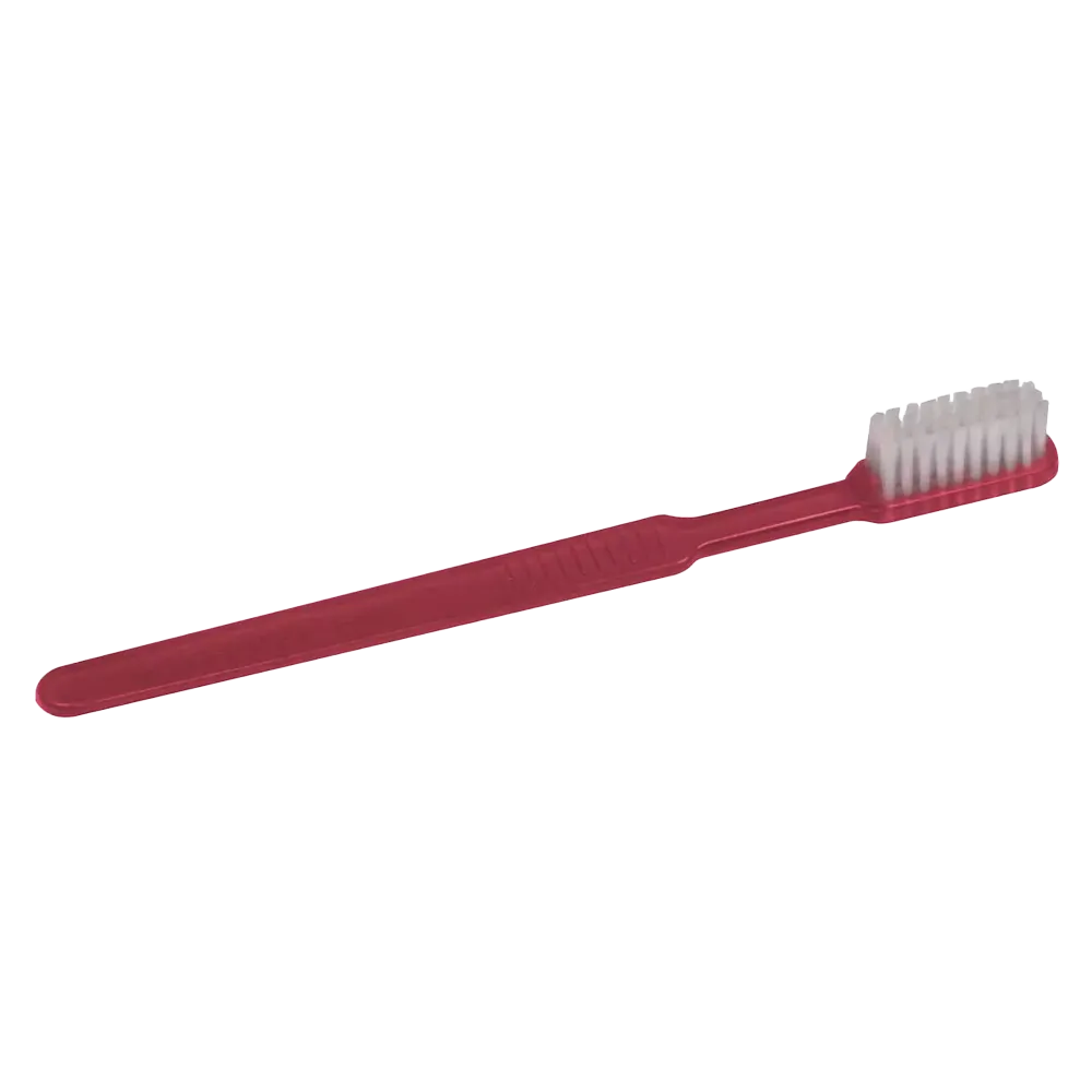 Sur un fond blanc simple, une brosse à dents jetable rouge AMPri MED-COMFORT Dental PS avec dentifrice et des poils blancs est illustrée, parfaite pour votre routine de soin dentaire rapide.