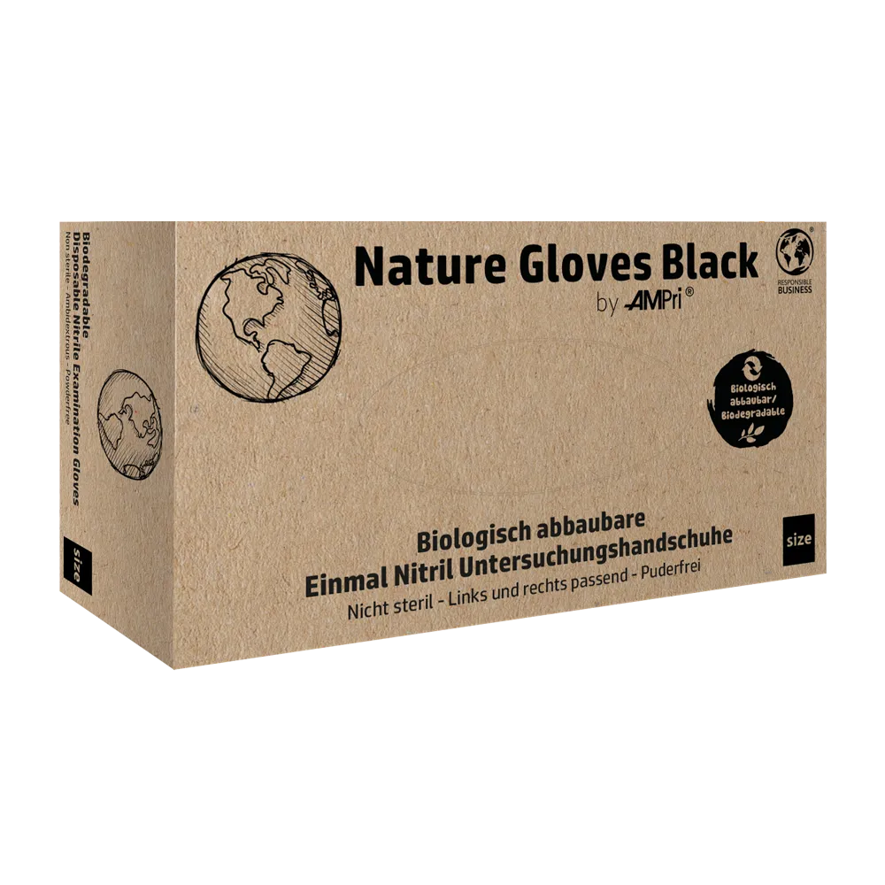 Un carton portant l'inscription „AMPri Nature Gloves BLACK Gants en nitrile biodégradables“ de la société AMPri Handelsgesellschaft mbH est exposé. Il contient des images d'un globe et un logo pour la biodégradabilité. Le texte allemand sur le carton décrit ces gants en nitrile noirs biodégradables et met en avant leur haute résistance aux produits chimiques et leur protection biologique.
