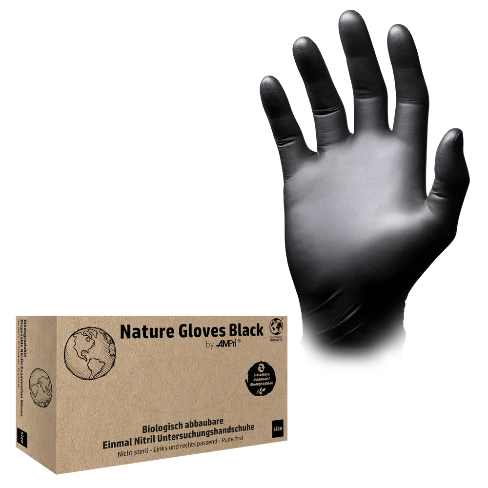 À côté de l'emballage „AMPri Nature Gloves BLACK“, un gant jetable noir est montré, exhibant son matériau en nitrile biodégradable. Ces gants en nitrile biodégradables sont sans poudre, offrent une haute résistance et conviennent aux deux mains.