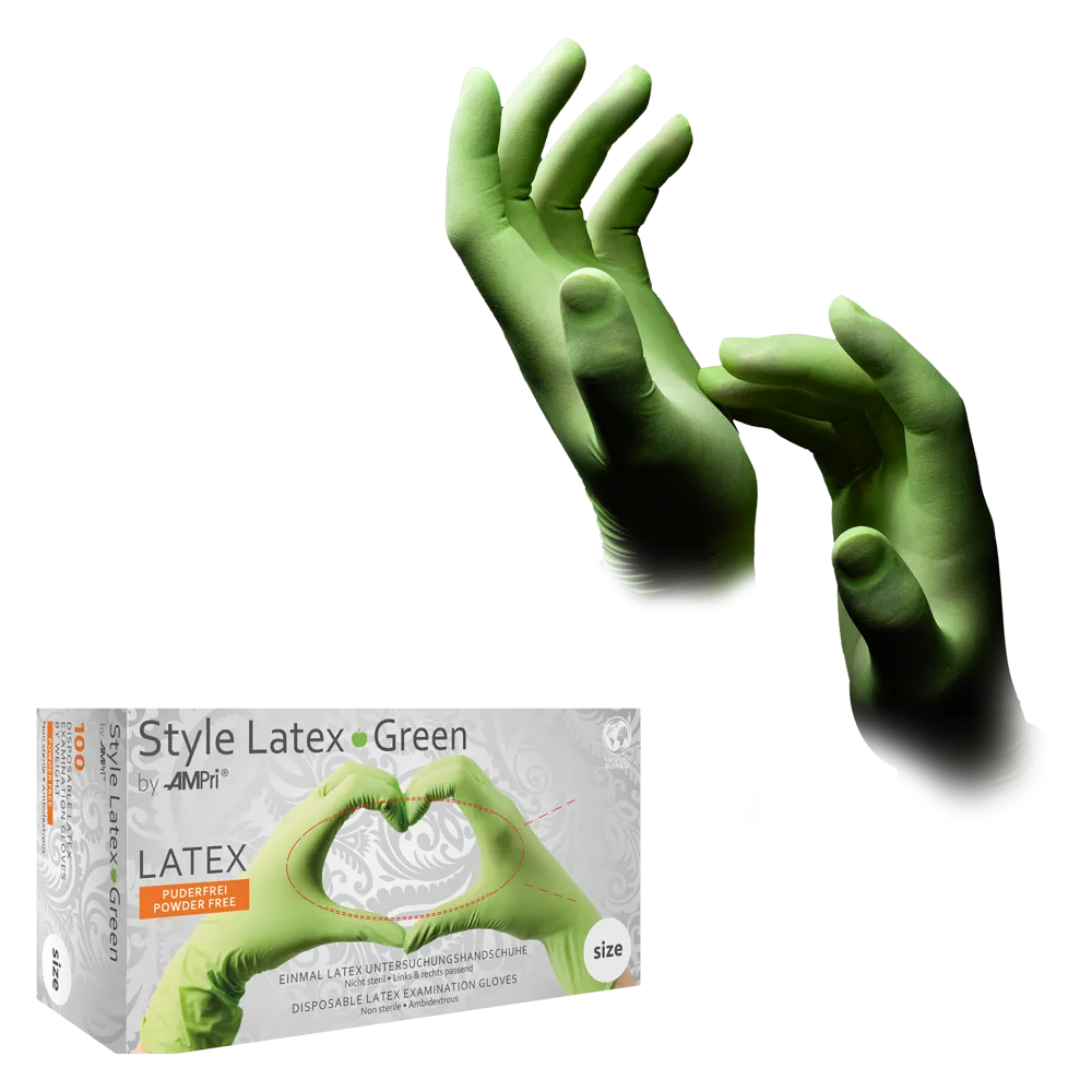Illustré est une paire de gants en latex verts avec des doigts légèrement courbés. En dessous, un emballage de produit avec l'inscription "AMPri STYLE GREEN" de la société AMPri Handelsgesellschaft mbH présente ces gants de protection chimique comme étant en latex, sans poudre et à usage unique dans un paquet de 100 pièces.