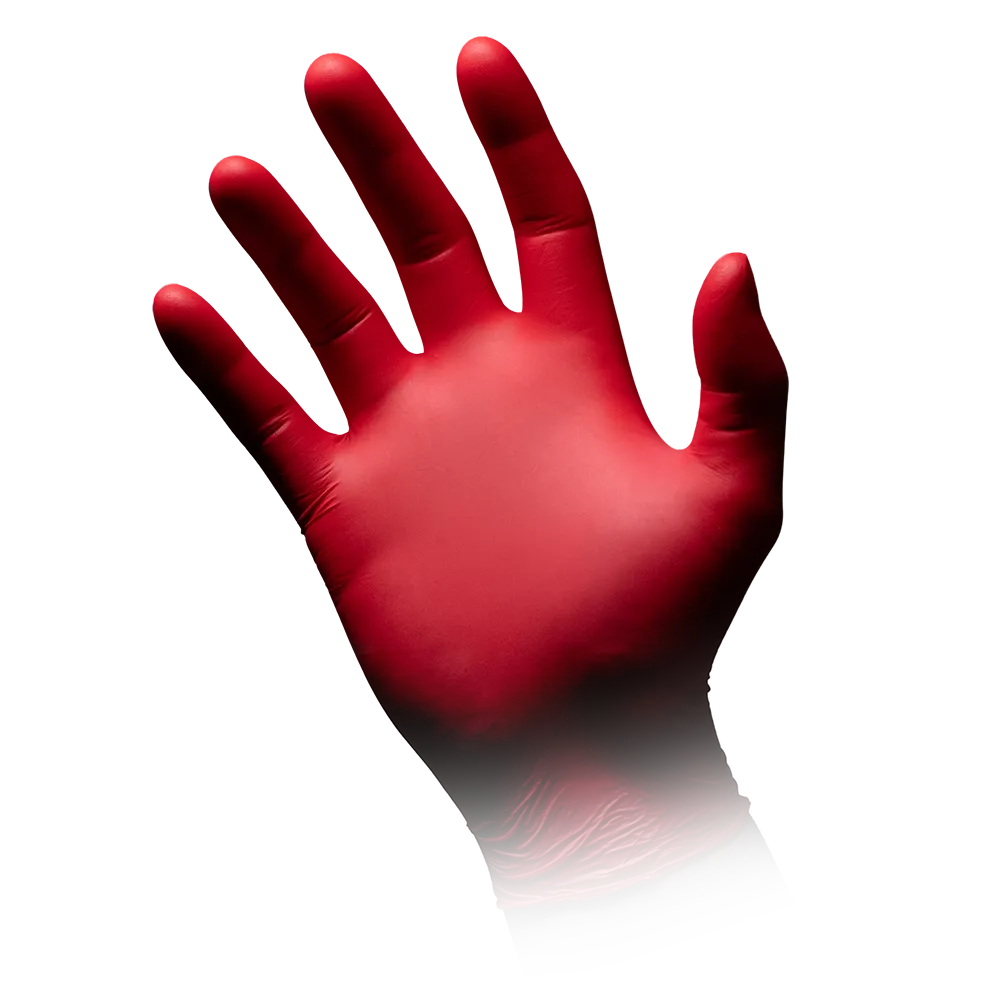 Eine rechte Hand mit einem AMPri STYLE HOT CHILI Nitrilhandschuhe puderfrei von MED-COMFORT, Rot der AMPri Handelsgesellschaft mbH ist vor einem weißen Hintergrund zu sehen. Der Handschuh scheint aus Nitril oder einem ähnlichen Material zu bestehen.