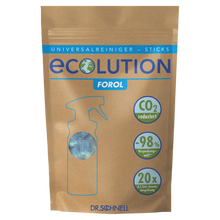 Der braune Beutel mit der Aufschrift "Dr. Schnell ECOLUTION FOROL STICKS" der DR.SCHNELL GmbH & Co. KGaA enthält 60g Universalreiniger-Sticks in Pulverform, die eine umweltfreundliche Reinigung mit CO₂-Reduzierung und Einsparung von Verpackungsmaterial ermöglichen.