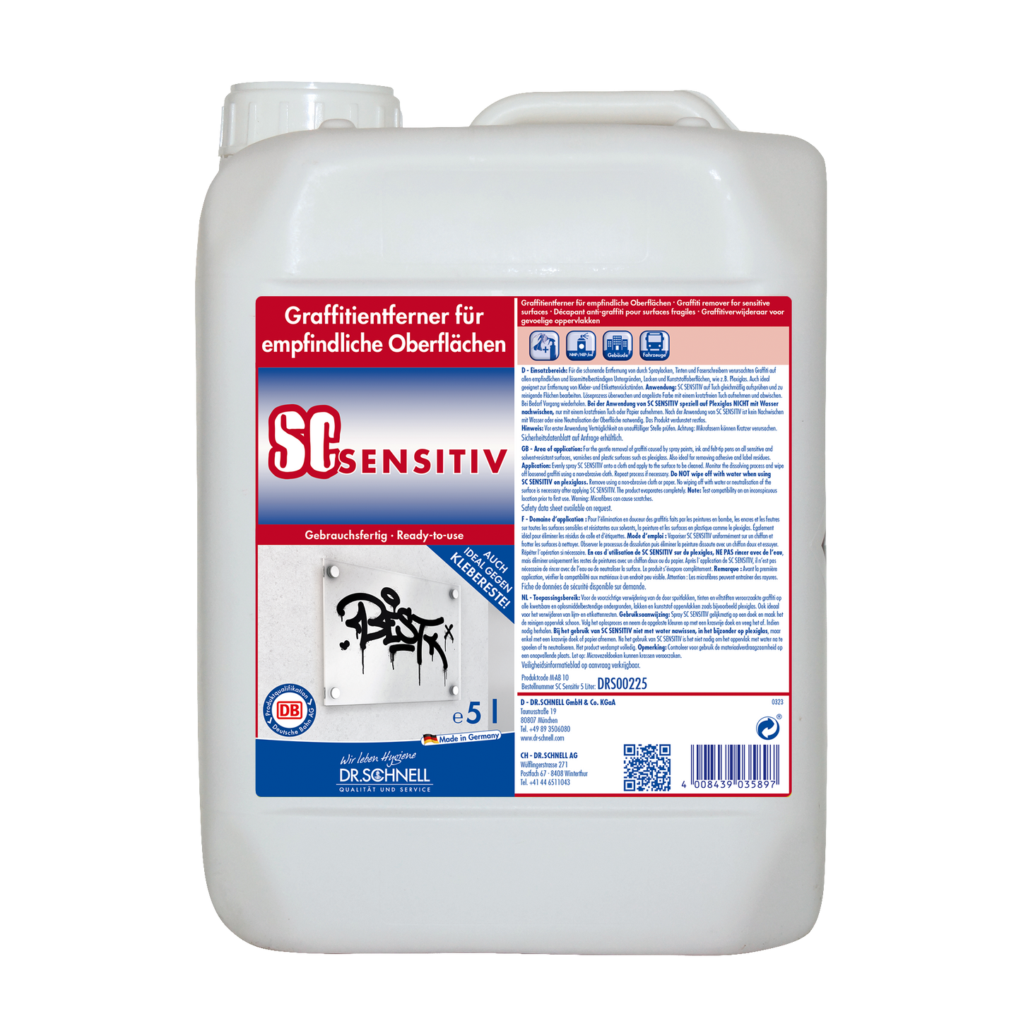 Ein weißer 5L-Behälter SC SENSITIV Graffitientferner für empfindliche Oberflächen von DR.SCHNELL GmbH & Co. KGaA, mit deutscher Gebrauchsanweisung auf dem Etikett und einem kleinen Bild der Graffitientfernung.