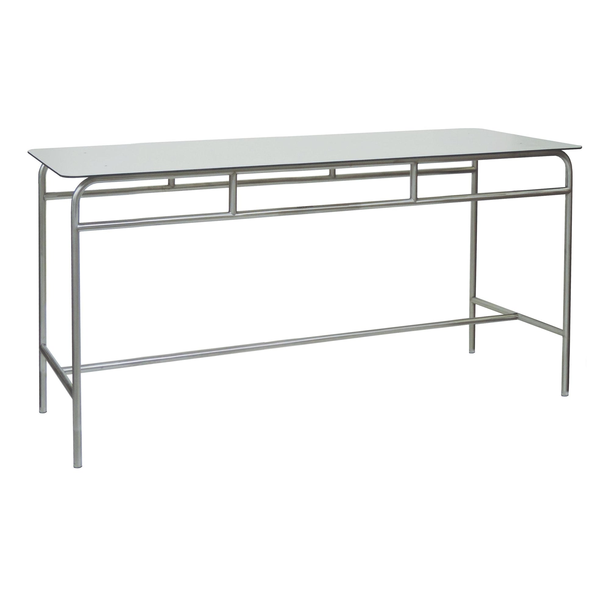 Der Novocal Arbeits- und Ablegetisch zeichnet sich durch ein elegantes Edelstahlgestell und eine weiße Vollkernarbeitsplatte aus. Er bietet einen minimalistischen Stil und ist praktisch - ideal als Konsolentisch vor einem weißen Hintergrund.