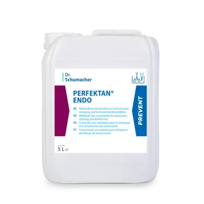 Ein 5-Liter-Behälter aus weißem Kunststoff mit Dr. Schumacher PERFEKTAN® ENDO der Dr. Schumacher GmbH, der als Endoskop-Desinfektionsmittel und -Reiniger für medizinische Instrumente bei der Endoskop-Aufbereitung verwendet wird.
