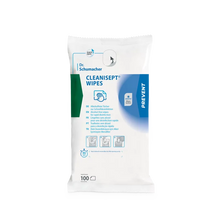 Eine weiße Packung der Dr. Schumacher GmbH Cleanisept Wipes Schnelldesinfektion mit blauen und grünen Akzenten, mit Produktinformation, Anwendungsbildern und 100 alkoholfreien Desinfektionstüchern für medizinische Geräte.