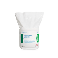 Die weiße Kunststoffpackung der Dr. Schumacher Descosept Pur Wipes RTU Desinfektionstücher (120 Stück) der Dr. Schumacher GmbH hat blaue und grüne Akzente sowie Sicherheits- und Anwendungshinweise für Schnelldesinfektion auf der Verpackung.