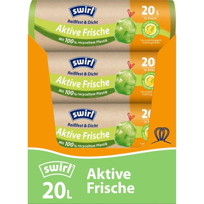 Die Swirl Aktive Frische Müllbeutel 20l der Melitta Europa GmbH & Co. KG werden in einer 12er-Rolle geliefert, bestehen aus 100 % recyceltem Kunststoff, verfügen über ein Zitrus-Frischesystem und sind in den Farben Grün und Orange mit frischen Blattmotiven auf dem Etikett erhältlich.