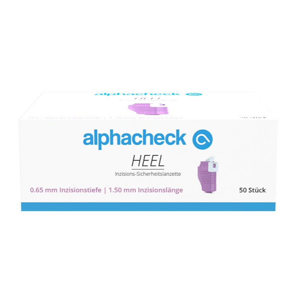 Une boîte d'Alphacheck HEEL lancettes de sécurité à incision, de différentes tailles de Berger Med GmbH est destinée à la collecte de sang capillaire. La boîte principalement blanche présente un texte bleu et violet avec une petite image de lancette sur le côté droit et indique une profondeur d'incision de 0,65 mm et une longueur d'incision de 1,50 mm. Elle contient 50 pièces.