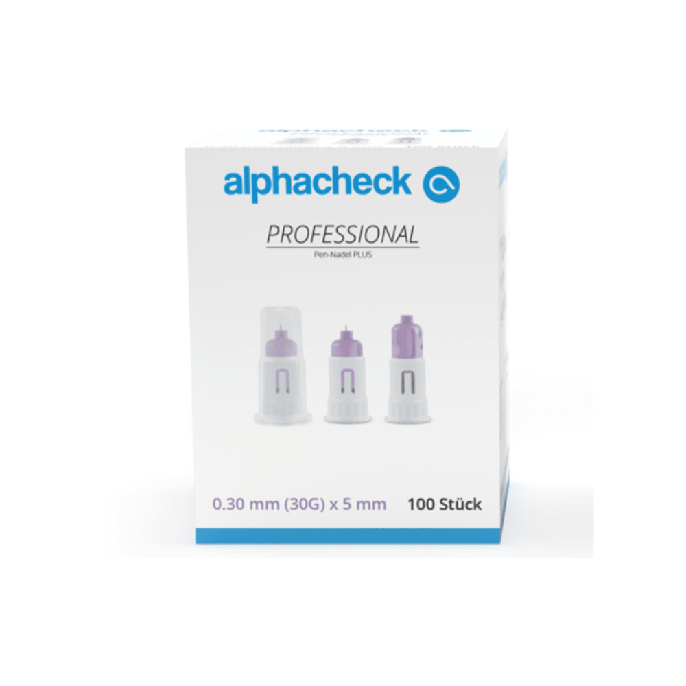 Une boîte d'aiguilles Alphacheck Professional Pen PLUS, de différentes tailles, destinées aux injections d'insuline. La boîte présente une illustration des aiguilles stériles et indique leur taille : 0,30 mm (30G) x 5 mm. Elle contient 100 pièces de la marque Berger Med GmbH.