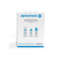 Une boîte d'aiguilles Alphacheck professional Pen-Nadel PLUS, de différentes tailles. La boîte blanche rehaussée de touches de bleu contient 100 aiguilles stériles de 0,30 mm (30G) x 8 mm destinées aux injections d'insuline. Le recto présente des illustrations de trois aiguilles pour stylo-injecteur, accompagnées d'un texte en bleu et noir de la société Berger Med GmbH.