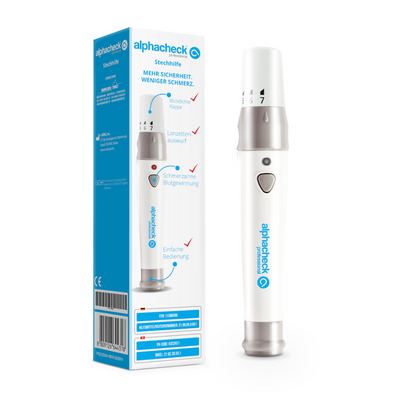 L'image montre un dispositif de prélèvement Alphacheck professional | Emballage (1 pièce) et son emballage pour la mesure de la glycémie. Le dispositif de prélèvement est blanc avec un accent argenté et dispose d'un bouton et d'une molette de réglage. L'emballage montre l'image de l'appareil, le nom de la marque « Berger Med GmbH » et les principales fonctionnalités en allemand, mettant en avant le confort et la sécurité de l'utilisateur.