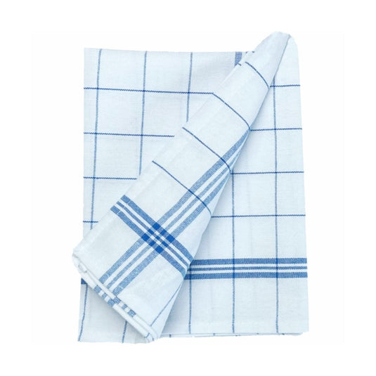 Le torchon Arcora Profi bleu et blanc d'Arcora International GmbH (lot de 10 pièces), en coton blanc orné d'un motif à carreaux bleus et de rayures, est idéal pour sécher sans laisser de peluches ; il est présenté sur un fond blanc uni.