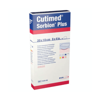 La couche de contact avec la plaie BSN Cutimed® Sorbion® Plus de la société BSN Medical GmbH est un pansement médical doté d'une couche de contact avec la plaie atraumatique destinée à favoriser la cicatrisation. L'emballage mesure 20 x 10 cm (8 x 4 pouces) et contient des instructions et des informations en plusieurs langues. La boîte est principalement blanche, avec des inscriptions en bleu et en rouge.