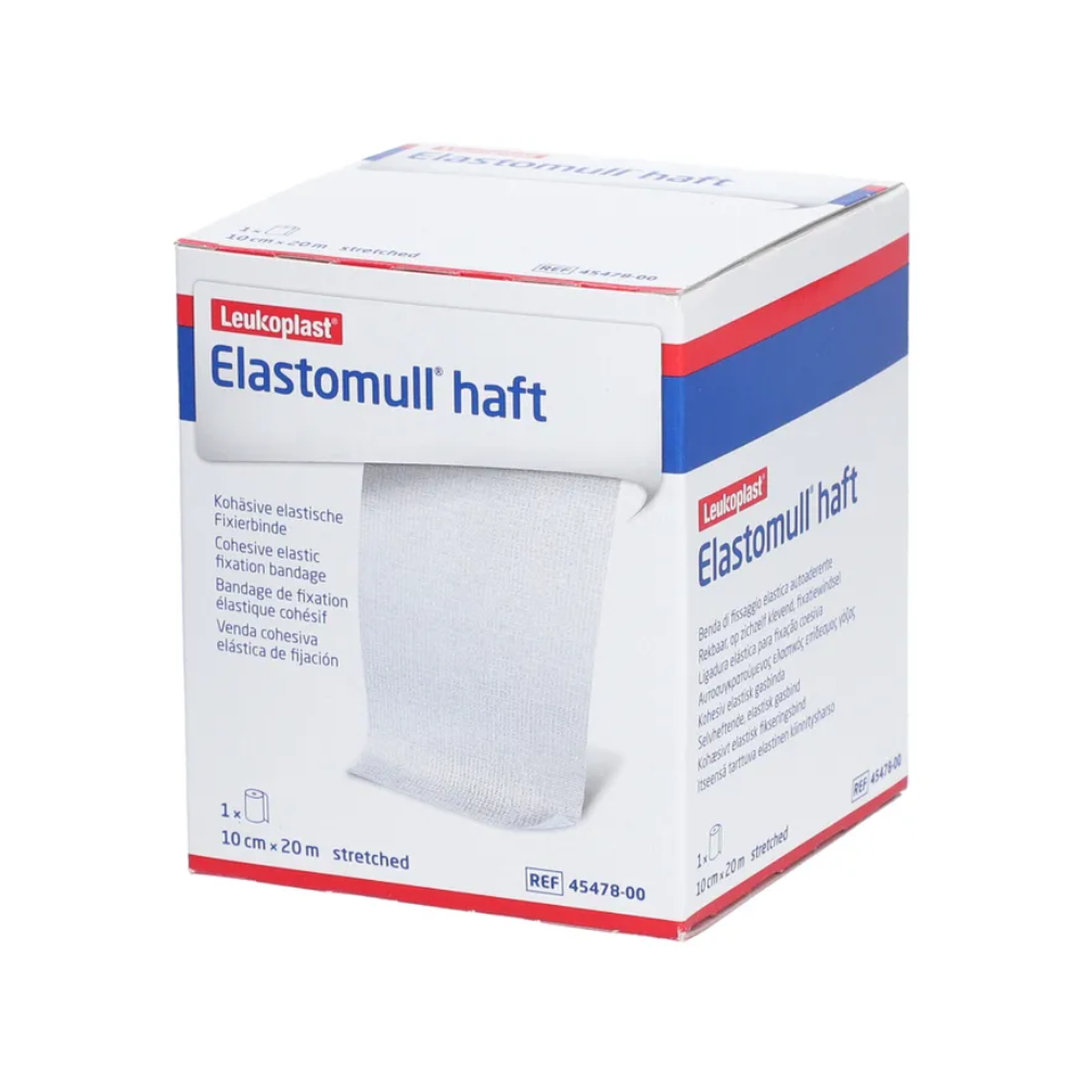 Eine Schachtel BSN Elastomull® haft, eine elastische Fixierbinde der BSN Medical GmbH. Die Schachtel ist überwiegend weiß mit blauen und roten Akzenten und zeigt auf der Vorderseite Produktdetails und Spezifikationen.
