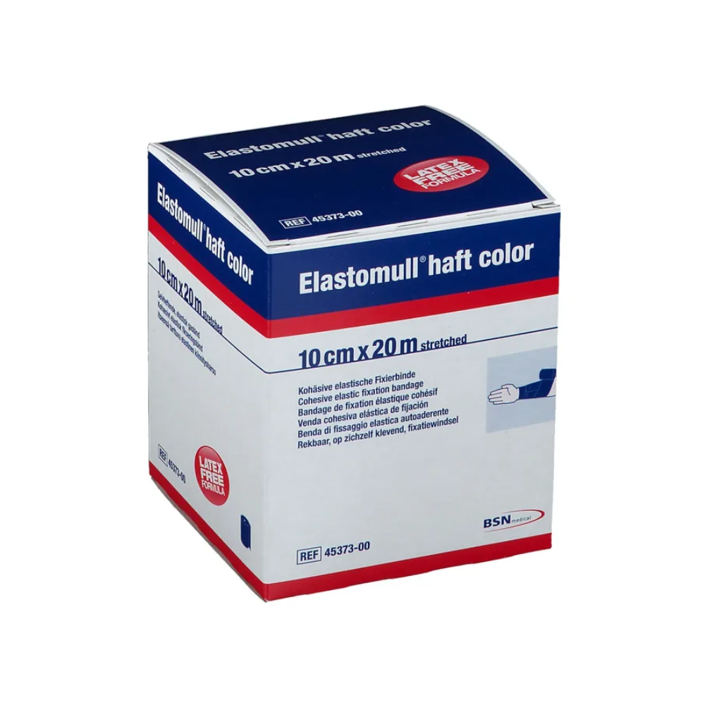 Ausgestellt ist eine BSN Elastomull® haft Farbbox der BSN Medical GmbH, die überwiegend in Blau und Weiß mit roten Akzenten gehalten ist. Die Maße „10 cm x 20 m gedehnt“ sind deutlich zu erkennen. Dieses latexfreie Polymerprodukt wird als kohäsive, elastische Fixierbinde beschrieben.