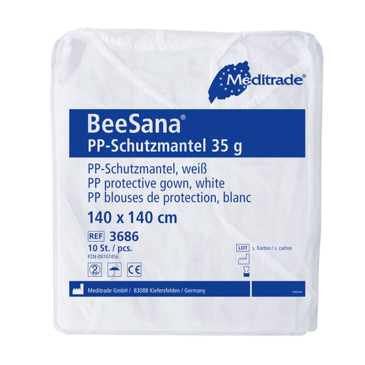 Verpackung für den Meditrade BeeSana® PP-Schutzmantel 35g, einen weißen Schutzmantel für den Krankenhausgebrauch der Meditrade GmbH. Die Verpackung hat die Maße 140 x 140 cm und ist ideal für den Einmalgebrauch. Sie enthält insgesamt 100 Stück pro Packung.