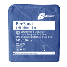 Eine Packung mit 100 Meditrade BeeSana® SMS-Kittel 15g (Auslaufartikel) von Meditrade GmbH, zum einmaligen Gebrauch. Artikelinfo in Deutsch, Englisch & Französisch.