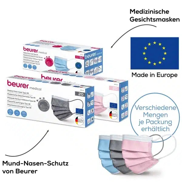 Beurer GmbH OP-Masken in Rosa MM 15 (20 Stück je Packung) werden gezeigt, mit 3-lagigem Schutz, Nahaufnahmen der Masken und Hinweisen wie "Made in Europe" sowie "Verschiedene Mengen je Packung erhältlich".