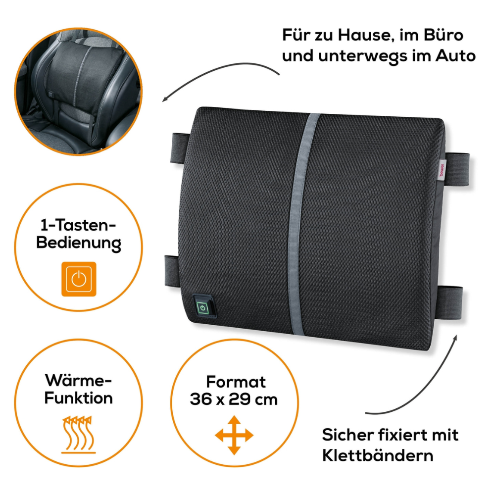 Le Beurer coussin chauffant HK 70 avec support dorsal de Beurer GmbH se présente comme un coussin de siège rectangulaire noir avec un motif perforé et plusieurs sangles. Le coussin est accompagné de quatre icônes circulaires mettant en avant le contrôle par clavier, la fonction de chauffage (coussin chauffant), les dimensions 36 x 29 cm et la fixation sécurisée avec des bandes Velcro - ce qui en fait un complément idéal à votre collection de produits chauffants.