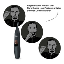 Eine Abbildung zeigt einen schwarzen Beurer HR 2000 Präzisionstrimmer zum Trimmen von Augenbrauen, Nasen- und Ohrenhaaren. Um den Trimmer herum sind drei Bilder eines Mannes zu sehen, der ihn an Augenbrauen, Nase und Ohren verwendet. Der Text lautet: „Augenbrauen, Nasen- und Ohrenhaare – perfekt und präzise trimmen und korrigieren.“