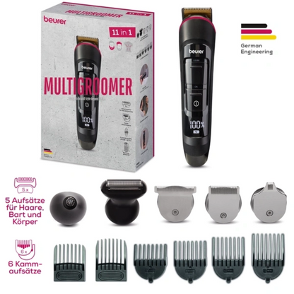 Abgebildet sind eine Box und der wasserdichte Beurer Multigroomer MN9X der Beurer GmbH, fünf Metall-Trimmerköpfe, sechs schwarze Kammaufsätze und ein runder Massagekopf. Auf dem Karton steht "11 in 1" und "German Engineering".