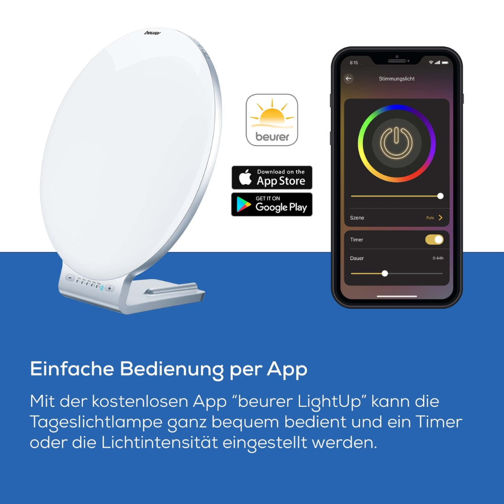 La lampe de jour Beurer TL 100 (article discontinué) de la société Beurer GmbH est représentée en blanc avec 10 000 lux à côté d'un smartphone avec l'application LightUp, compatible avec iOS et Android via les logos de l'App Store ; le texte allemand met en avant le contrôle basé sur l'application.