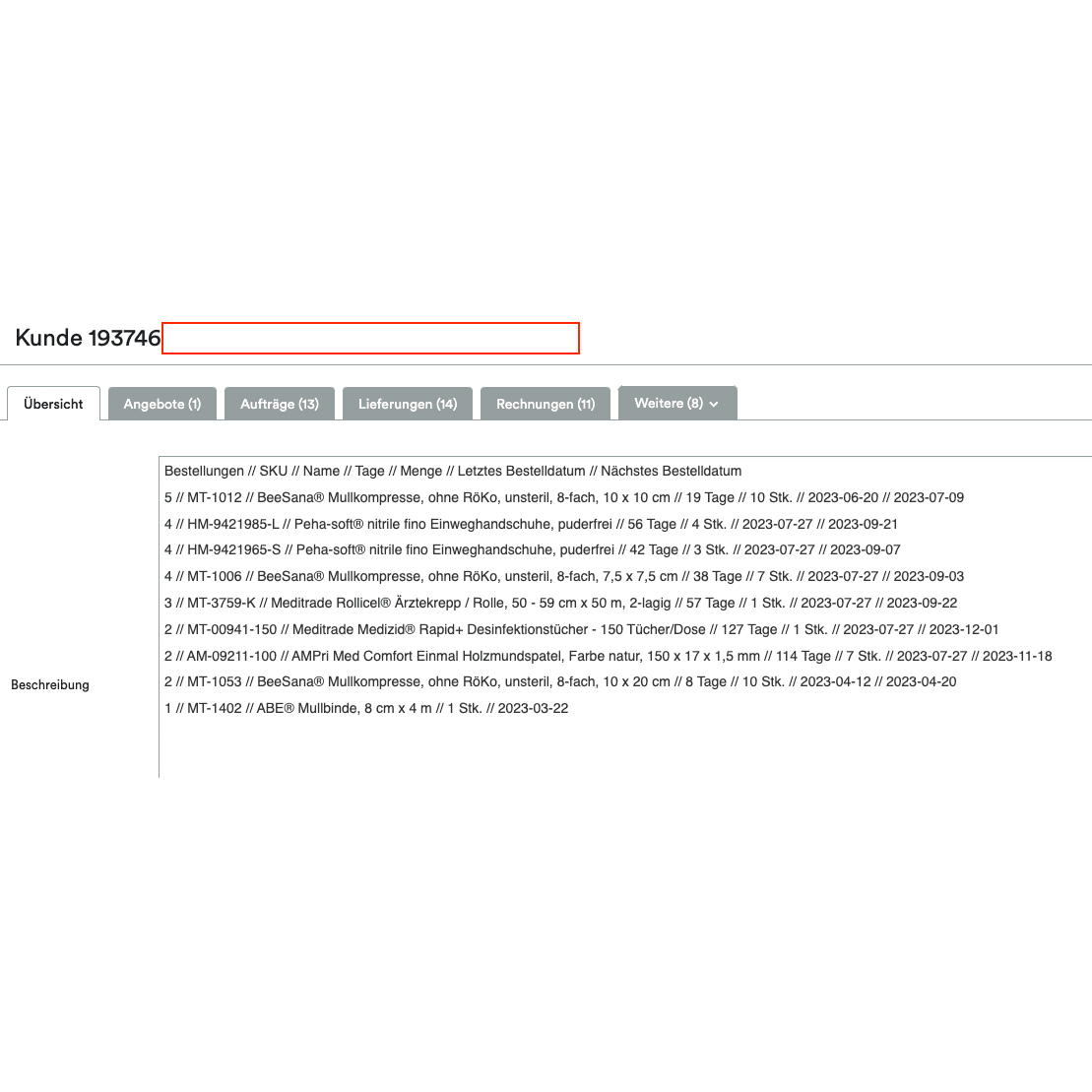 Une capture d'écran montrant une interface Altruan ClientView Orders avec différents onglets tels que « Aperçu », « Offres » et plus. En haut, le numéro de client 193746 est mis en évidence. La section suivante montre l'aperçu client Weclapp par produits achetés.