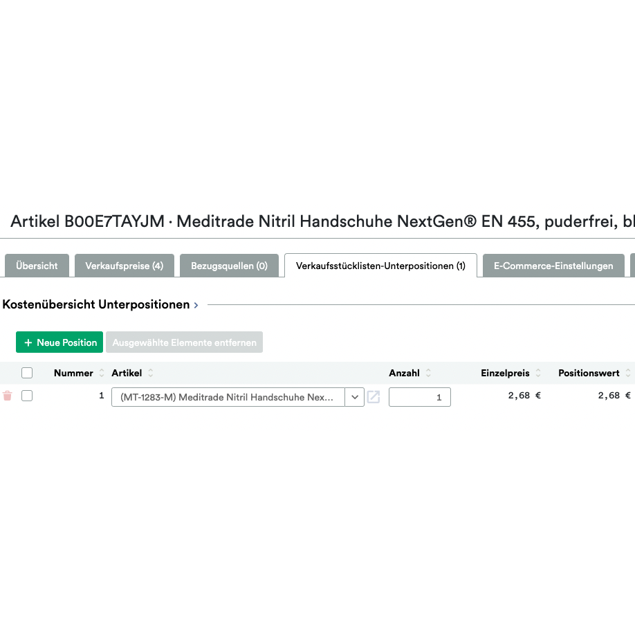 Capture d'écran d'une page de site Web affichant une commande pour „UnitTable Sync: Weclapp Verpackungseinheiten und Stücklistengenerator“ avec Amazon-ASINS, quantité et prix dans une vue en grille.