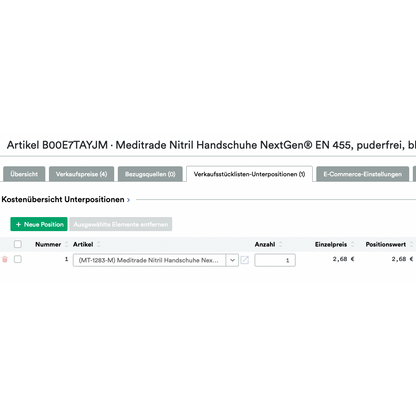 Capture d'écran d'une page de site Web affichant une commande pour „UnitTable Sync: Weclapp Verpackungseinheiten und Stücklistengenerator“ avec Amazon-ASINS, quantité et prix dans une vue en grille.