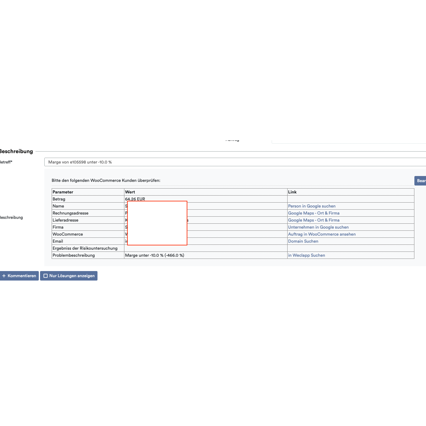 Ein Screenshot einer Webseite, die ein Rechnungsdetailformular mit Feldern wie Betrag, Rechnungsadresse und anderen für „Kauf auf Rechnung“ zeigt, hervorgehoben durch ein rotes Kästchen um einen leeren Abschnitt unter Verwendung von Altruans OrderGuardian: Weclapp Auftrags-Überprüfungssystem.