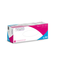 Eine Schachtel Bingold Nitril 50.300, blau von BINGOLD GmbH + Co. KG (Größe 8/M) enthält 100 lebensmittelechte Handschuhe, ideal für den Einsatz im Labor. Die überwiegend weiße Schachtel hat blaue und rosa Akzente mit detaillierten Produktinformationen auf den Seiten.