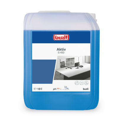 Le récipient de 10 litres du Nettoyant universel doux pour les matériaux Buzil Aktiv G 433 contient un liquide bleu, doux pour les surfaces. Sur l'étiquette blanc-bleu, on peut voir le logo de la marque BUZIL-WERK Wagner GmbH & Co. KG ainsi que des informations sur le produit.