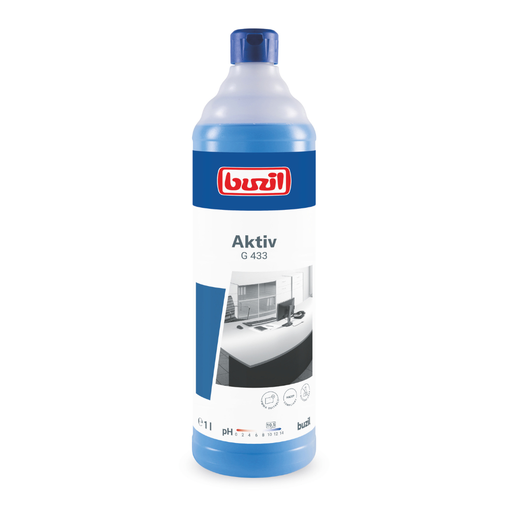 Sur un fond blanc, on peut voir une bouteille du Nettoyant universel doux pour les matériaux Buzil Aktiv G 433 de BUZIL-WERK Wagner GmbH & Co. KG. La bouteille bleue porte sur l'étiquette le nom du produit et l'image d'un bureau propre, ce qui souligne les propriétés douces du nettoyant. La bouteille a une capacité de 1 litre.