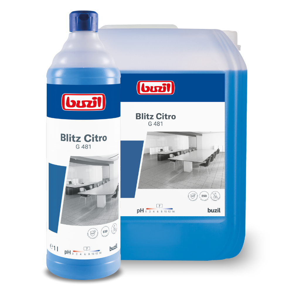 Eine 1-Liter-Flasche und ein Großgebinde Buzil Blitz Citro G 481 Universalreiniger von BUZIL-WERK Wagner GmbH & Co. KG, beide mit frischem Zitrusduft. Die blauen Produkte sind mit weiß-roten Etiketten versehen, auf denen ein Reinraumbild abgebildet ist. Das Großgebinde eignet sich ideal für den längeren Einsatz.