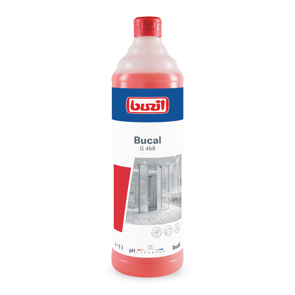 Eine 1-Liter-Flasche Buzil Bucal G 468 Säurefreier Sanitärunterhaltsreiniger von BUZIL-WERK Wagner GmbH & Co. KG, erkennbar an einem roten Verschluss. Das Etikett zeigt ein Badezimmermotiv und betont, dass das Produkt sowohl säurefrei als auch pH-neutral ist und einen erfrischenden Frischeduft bietet.