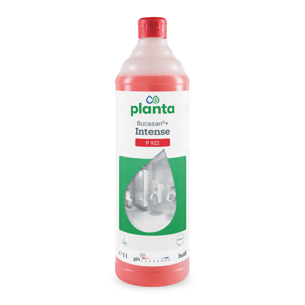 Une bouteille en plastique de 1 litre de Buzil Bucasan®+ Intense P 922, un nettoyant sanitaire écologique et détartrant à base d'acide méthanesulfonique de BUZIL-WERK Wagner GmbH & Co. KG. L'étiquette est principalement blanche avec du texte vert et montre une découpe en forme de goutte représentant une salle de bain, destinée à lutter contre les salissures minérales. La bouteille est fournie avec un bouchon rouge.