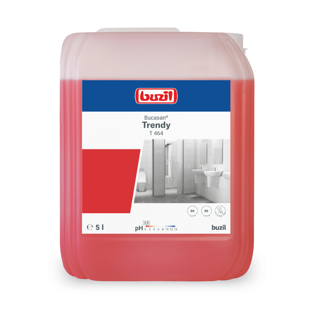 Un conteneur de 5 litres de Buzil Bucasan® Trendy T 464, un désinfectant liquide rouge de BUZIL-WERK Wagner GmbH & Co. KG, assure une brillance sans traces. L'étiquette contient un code-barres, des symboles de sécurité et une plage de pH de 4,5 à 5,5. Un graphique de salle de bain indique son utilisation pour l'élimination du calcaire.