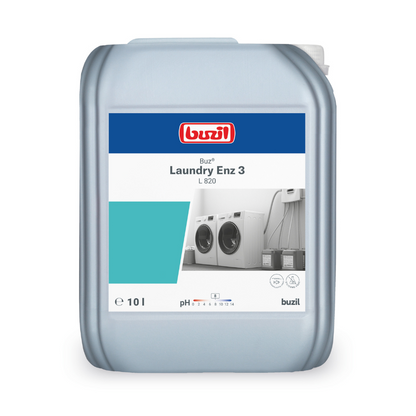 Ein 10-Liter-Behälter mit Buzil Buz® Laundry Enz 3 L 820, hergestellt von BUZIL-WERK Wagner GmbH & Co. KG, ist mit dem Logo und den Produktdetails gekennzeichnet. Das Etikett richtet sich an professionelle Anwender und zeigt Bilder von Waschmaschinen sowie Informationen zu Flüssigkeitsmenge und pH-Wert. Dieser Behälter mit enzymhaltigem Flüssigwaschmittelkonzentrat verfügt über einen Tragegriff und eine Kappe oben.