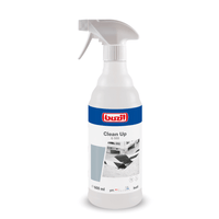 Un vaporisateur blanc portant la mention « Buzil Clean Up G 555 Détachant spécial prêt à l'emploi » de la société BUZIL-WERK Wagner GmbH & Co. KG est orné d'un logo rouge et bleu. D'une contenance de 600 ml, il comporte une illustration représentant un sol et une personne en train de passer la serpillière. L'étiquette est conçue pour des applications industrielles et met en avant le pH, la formule douce et l'efficacité du nettoyage.