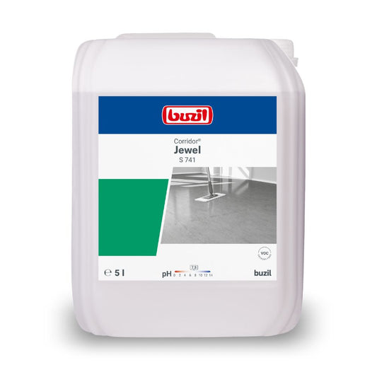 Abgebildet ist ein 5-Liter-Kanister mit dem Bodenreiniger Buzil Corridor® Jewel S 741 Hochleistungsdispersion von BUZIL-WERK Wagner GmbH & Co. KG. Das Etikett zeigt das Markenlogo, den Produktnamen und ein Bild eines glänzenden Bodens. Es weist einen pH-Wert von 7,8 aus und verfügt über ein PVC-Eignungssymbol, wodurch es sich ideal für Bodenbeschichtungszwecke eignet.