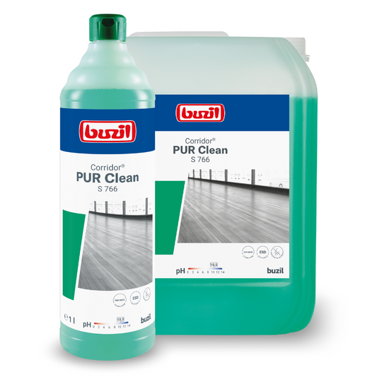 Ausgestellt sind ein großer Behälter und eine Flasche Buzil Corridor® PUR Clean S 766 Ultranetzender Bodenreiniger mit Geruchsblocker mit der grünen Flüssigkeit. Die Etiketten zeigen ein Bild eines blitzsauberen Flurbodens und einen Text, der diesen effektiven Bodenreiniger mit Geruchsblocker von BUZIL-WERK Wagner GmbH & Co. KG hervorhebt.