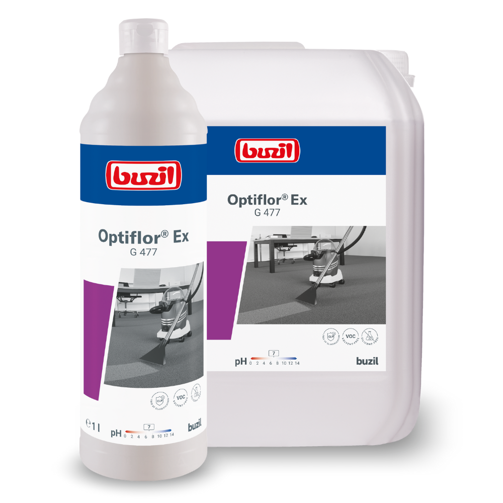 Das Bild zeigt zwei Behälter Buzil Optiflor® Ex G 477 Teppich-Grundreiniger für die Sprühextraktions-Teppichreinigung: eine weiße Flasche und einen großen Kanister, beide mit dem Branding der BUZIL-WERK Wagner GmbH & Co. KG.