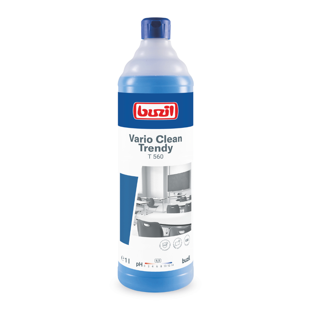 Eine Flasche Buzil Vario Clean Trendy T G 560, ein neutraler Schon- und Kunststoffreiniger der BUZIL-WERK Wagner GmbH & Co. KG, zeichnet sich durch ihr hohes Design und das blau-weiße Etikett mit einem Schulklassenbild aus. Es hebt den Produktnamen, ein Volumen von 1 Liter und einen pH-Bereich von 7-8,5 für einen einfachen, streifenfreien Glanz hervor.