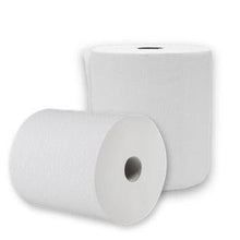 Deux rouleaux d'essuie-mains en papier CWS 2 plis, blanc éclatant non perforé sont illustrés sur un fond blanc - l'un à la verticale, l'autre à l'horizontale - montrant leur forme cylindrique et leur aptitude au séchage hygiénique des mains.