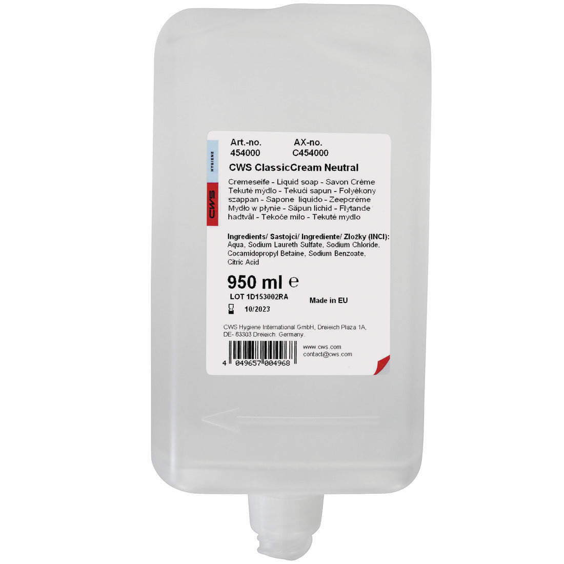 CWS Seifencreme 950 ml von CWS ist ein Nachfüllbeutel mit Bodenausguss. Das Etikett auf der Vorderseite bietet Produktinformationen, Hinweise und Inhaltsstoffe in mehreren Sprachen für ein angenehmes Hautgefühl.