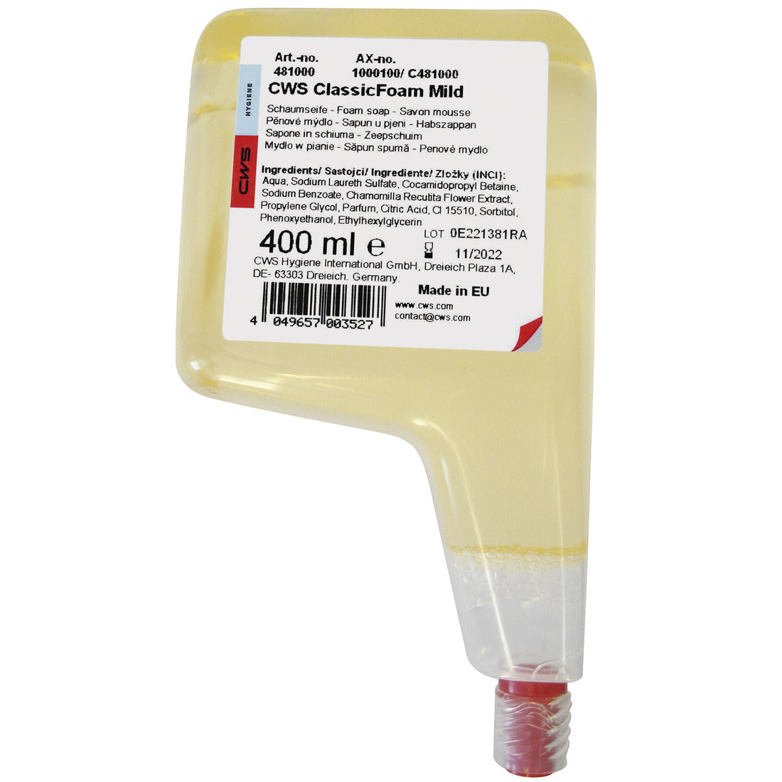 Ein 400-ml-Nachfüllbehälter aus transparentem Kunststoff für CWS Seifenschaum Schaumkonzentrat Standard mit einem roten Bodenverschluss. Das mehrsprachige Etikett gibt Auskunft über die Inhaltsstoffe und Produktinformation. Marke: CWS.