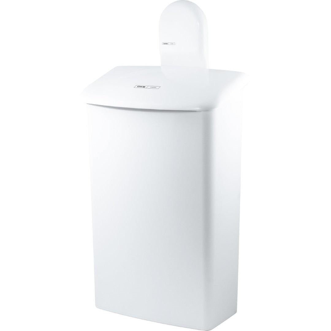 Le support mural CWS ParadiseLine pour la boîte hygiénique 575000 est un conteneur à déchets de salle de bain rectangulaire blanc avec un couvercle bombé, une petite étiquette frontale et un design mural moderne.