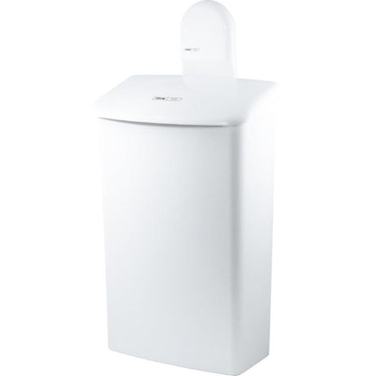 Le support mural CWS ParadiseLine pour la boîte hygiénique 575000 est un conteneur à déchets de salle de bain rectangulaire blanc avec un couvercle bombé, une petite étiquette frontale et un design mural moderne.
